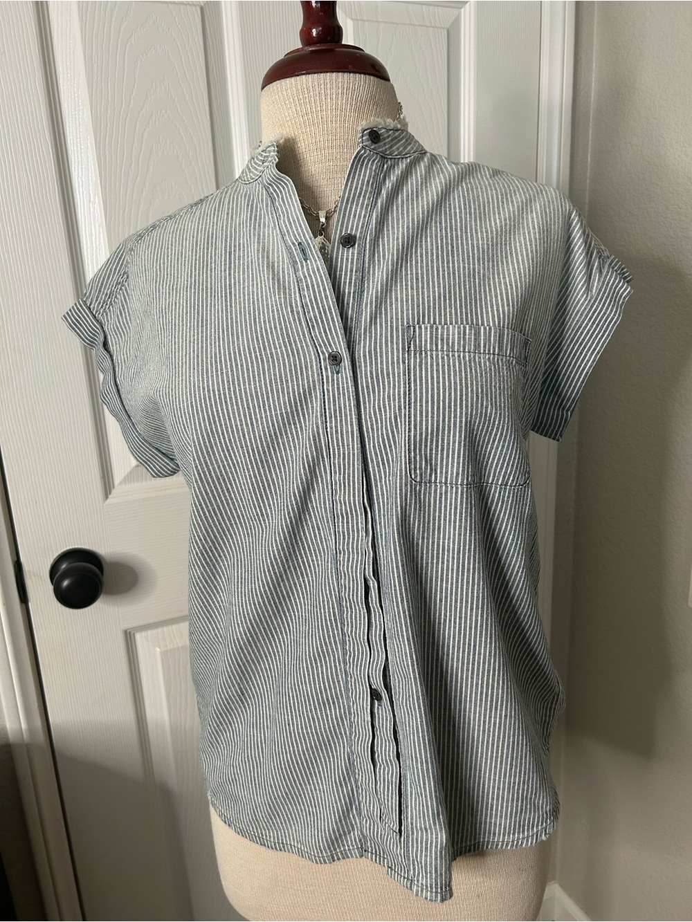 Ag Adriano Goldschmied Blue and White Striped Short Sleeve Button-Down